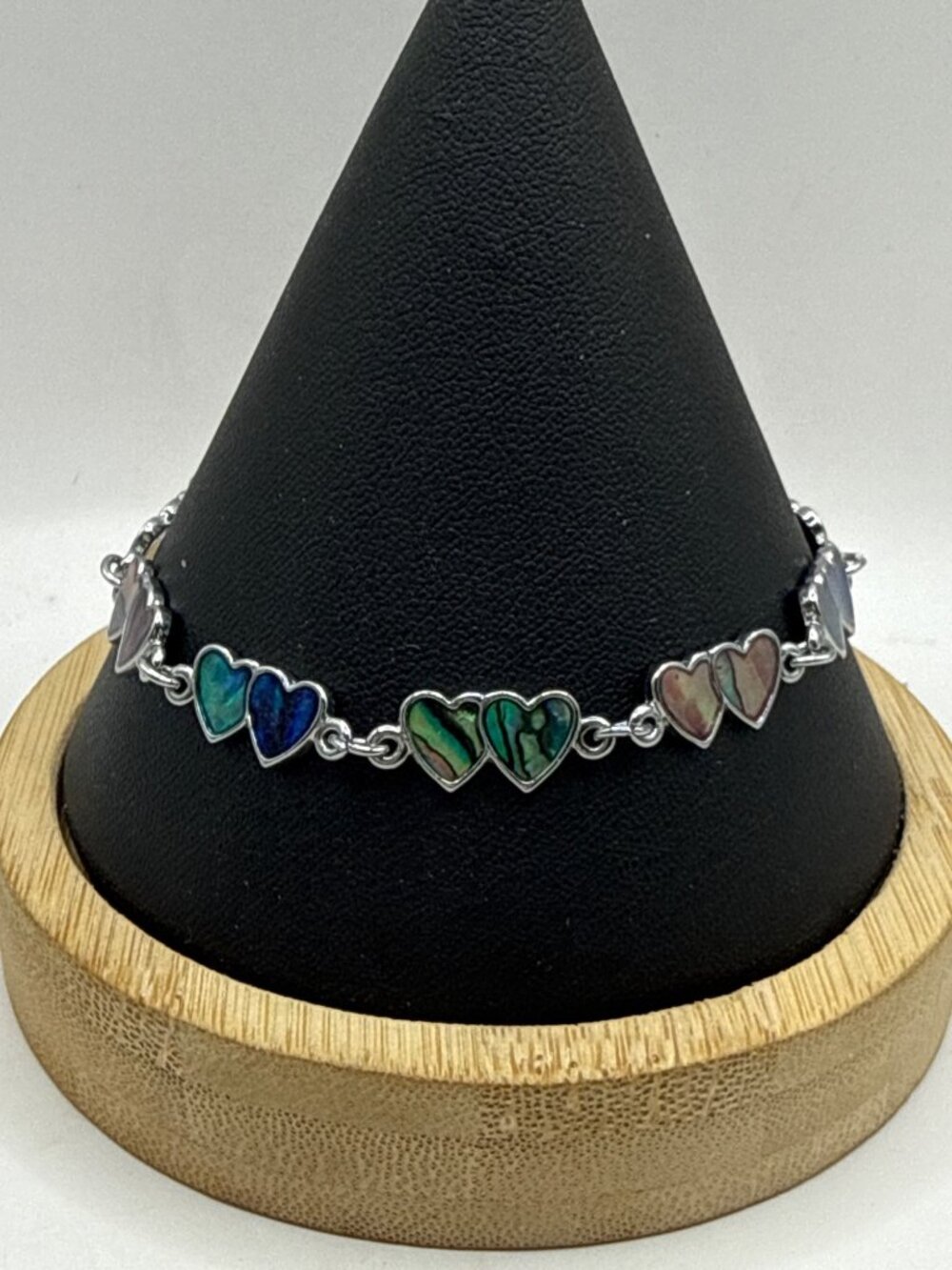 Vintage 80s Abalone Paua Shell Double Heart Link Bracelet Coquette Mermaidcore